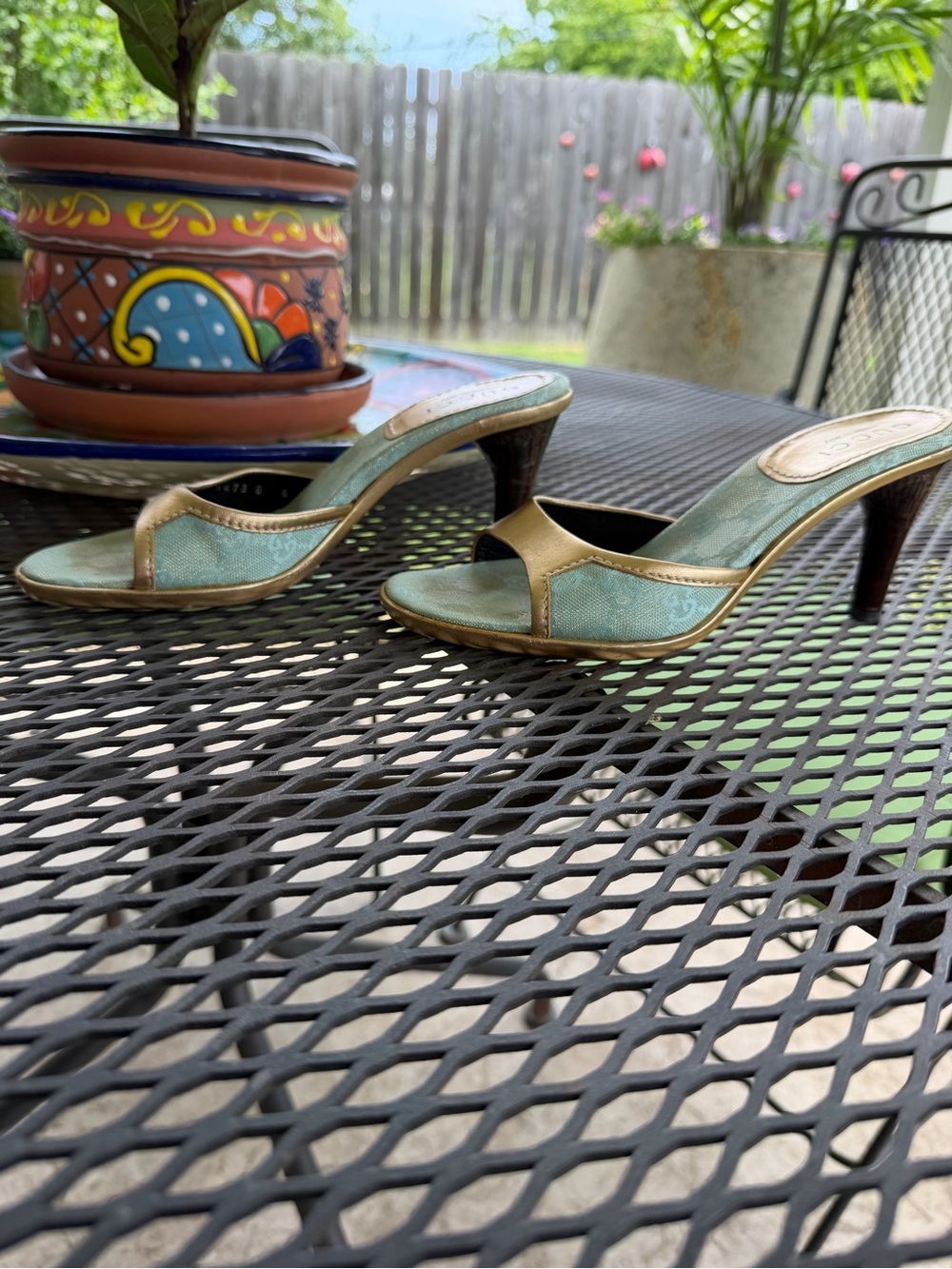 Gucci Open-Toe Heeled Mules in Teal and Gold Trim